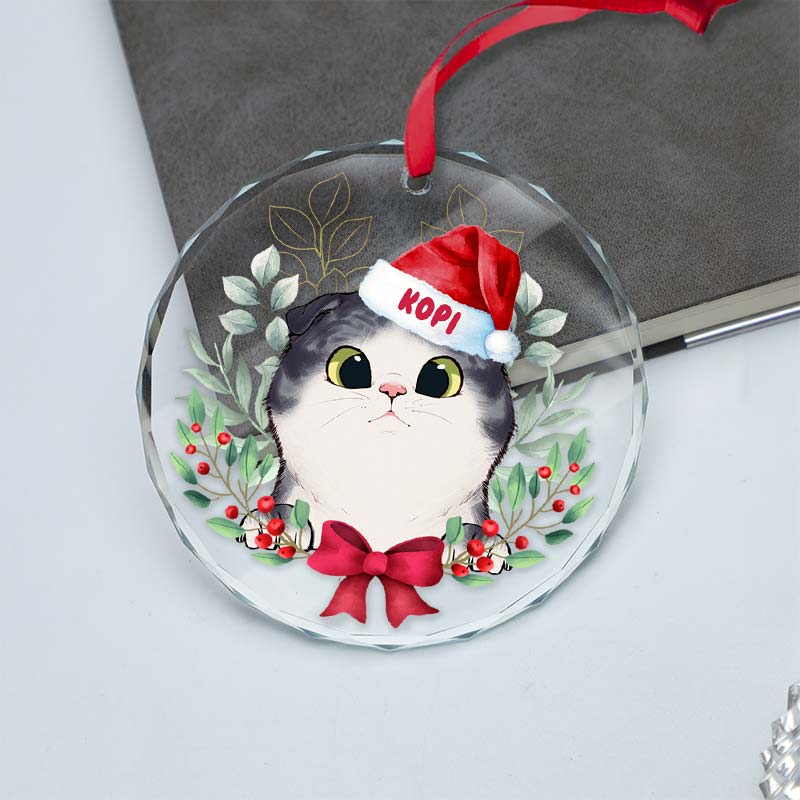 Peeking Cat Christmas - Personalized Circle Glass Ornament