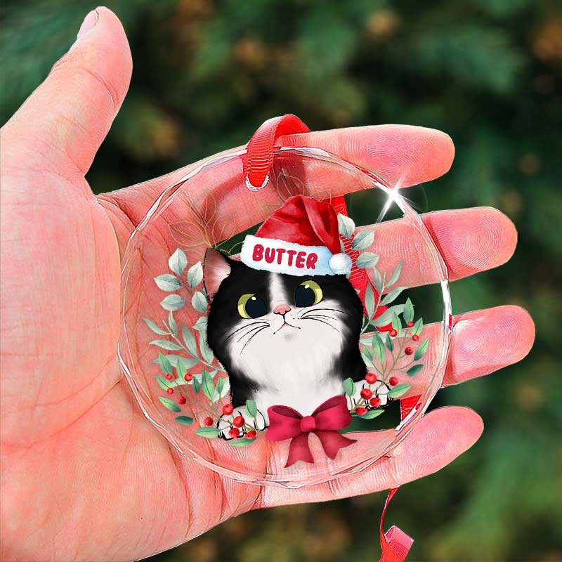 Peeking Cat Christmas - Personalized Circle Glass Ornament