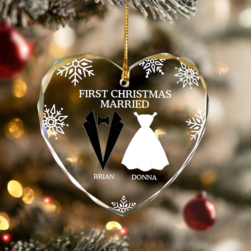First Christmas As Married Couples - Personalized Heart Glass Ornament