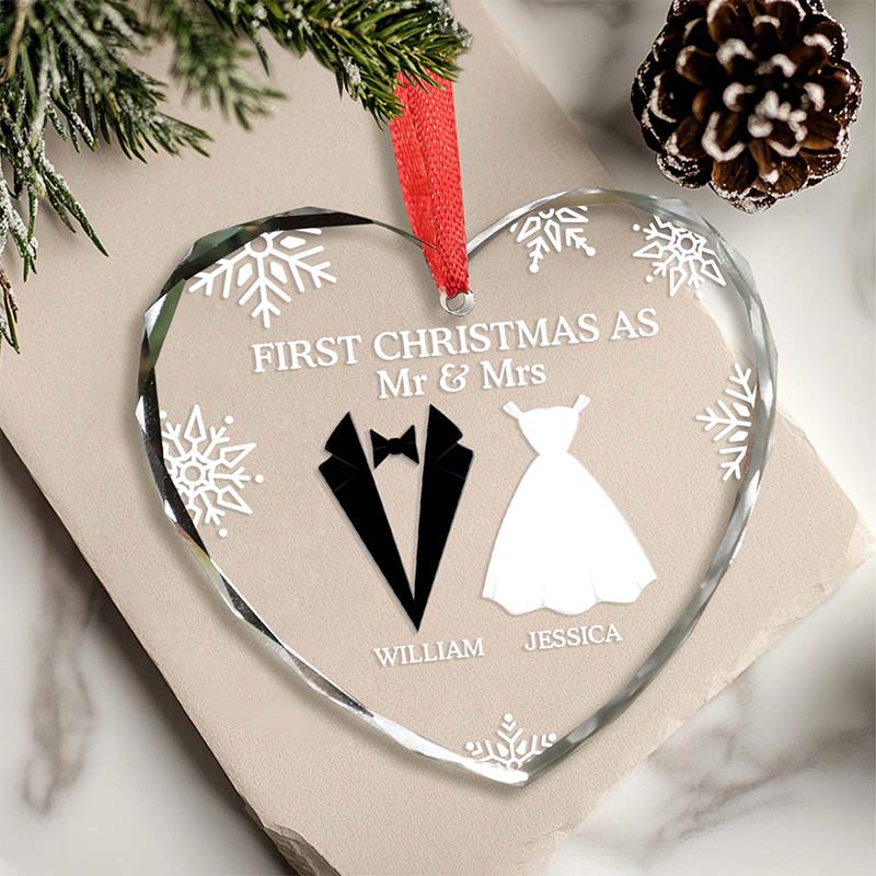First Christmas As Married Couples - Personalized Heart Glass Ornament
