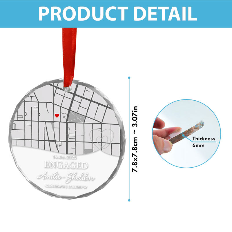 Engagement Custom Location Map - Personalized Circle Glass Ornament