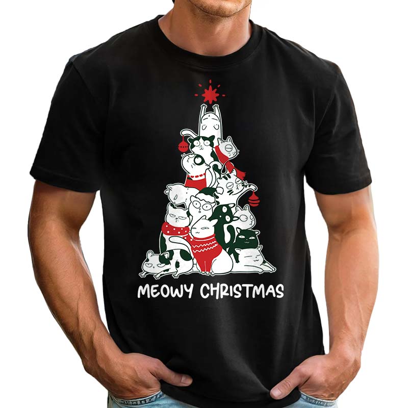 Meowy Christmas Cat Tree - Gift For Pet Dad, Pet Mom, Dog Dad, Cat Dad, Dog Mom, Cat Mom - Personalized T-Shirt