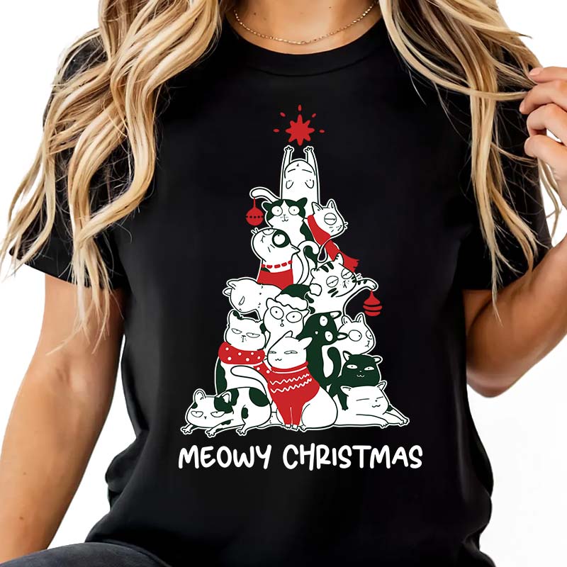 Meowy Christmas Cat Tree - Gift For Pet Dad, Pet Mom, Dog Dad, Cat Dad, Dog Mom, Cat Mom - Personalized T-Shirt