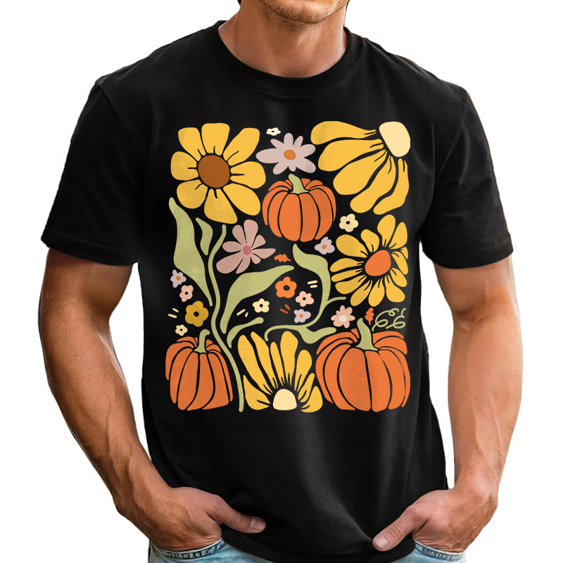 Retro Fall Pumpkin & Daisy Floral - Personalized T-Shirt