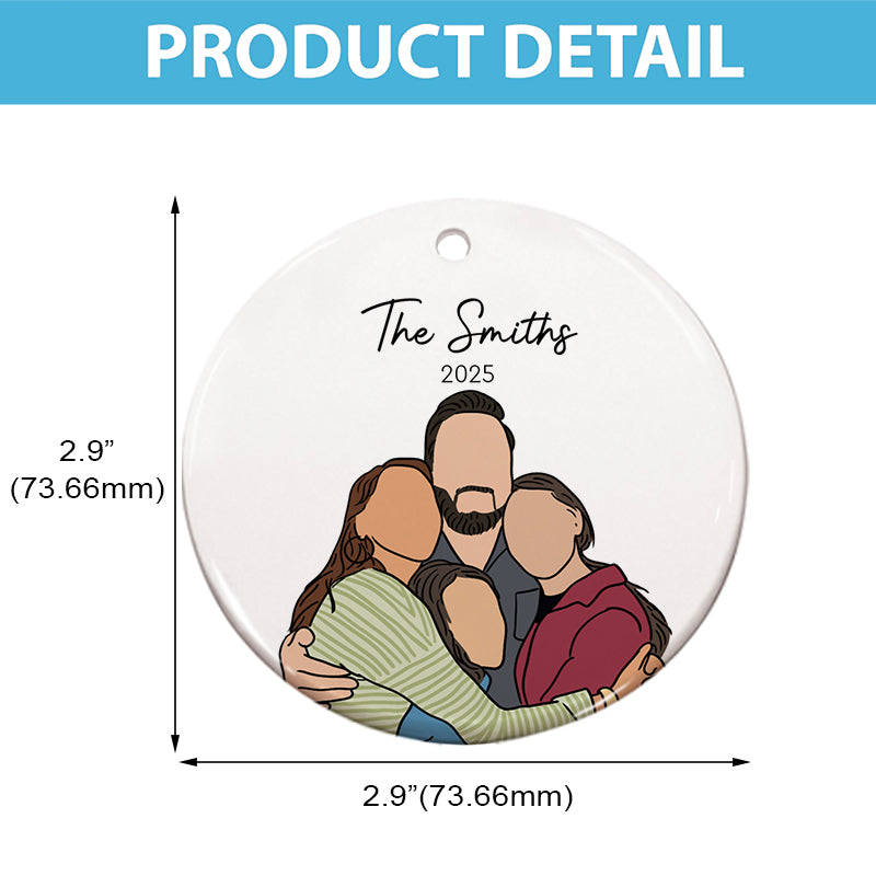 Custom Family Portrait Hand-Drawn Photo Illustration - Gift For Family, Couples, Parents, Grandparents, Kids - Personalized Circle Ceramic Ornament