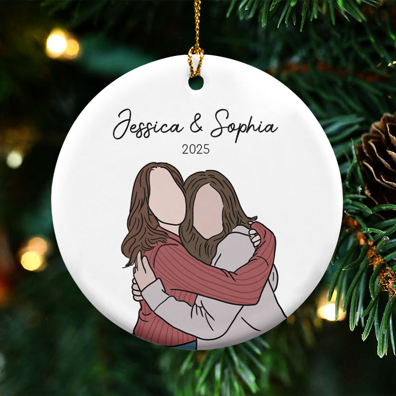 Custom Family Portrait Hand-Drawn Photo Illustration - Gift For Family, Couples, Parents, Grandparents, Kids - Personalized Circle Ceramic Ornament