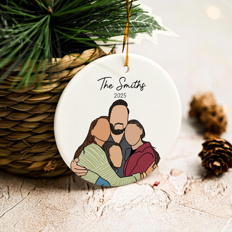 Custom Family Portrait Hand-Drawn Photo Illustration - Gift For Family, Couples, Parents, Grandparents, Kids - Personalized Circle Ceramic Ornament