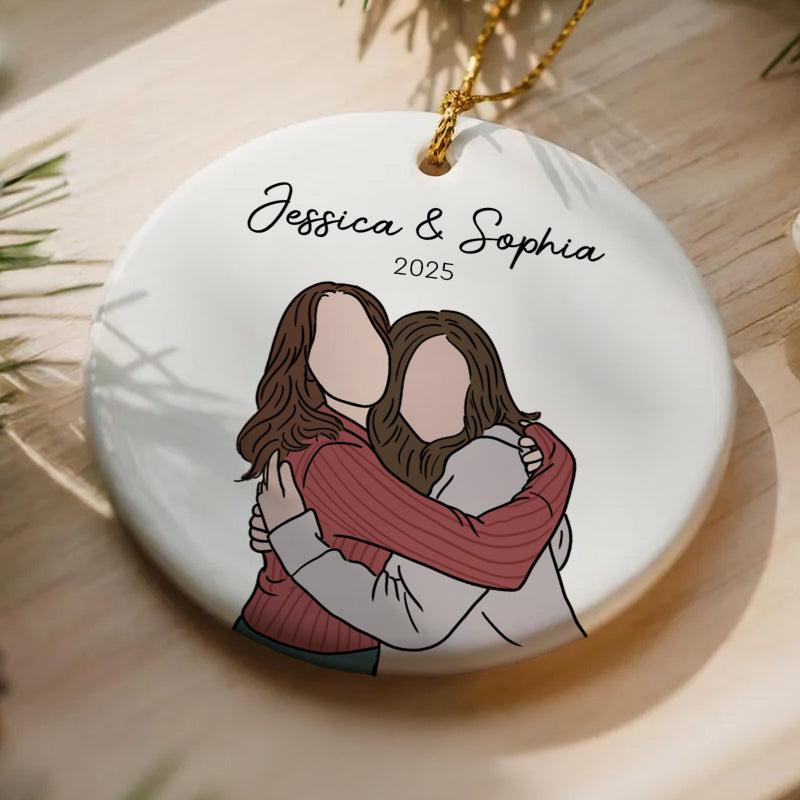 Custom Family Portrait Hand-Drawn Photo Illustration - Gift For Family, Couples, Parents, Grandparents, Kids - Personalized Circle Ceramic Ornament