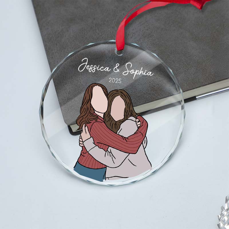 Custom Family Portrait Hand-Drawn Photo Illustration - Gift For Family, Couples, Parents, Grandparents, Kids - Personalized Circle Glass Ornament