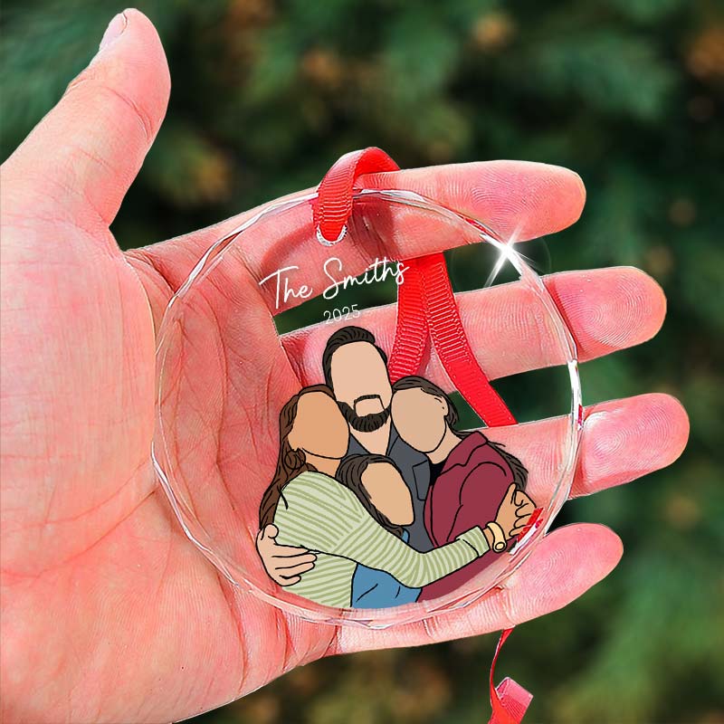 Custom Family Portrait Hand-Drawn Photo Illustration - Gift For Family, Couples, Parents, Grandparents, Kids - Personalized Circle Glass Ornament