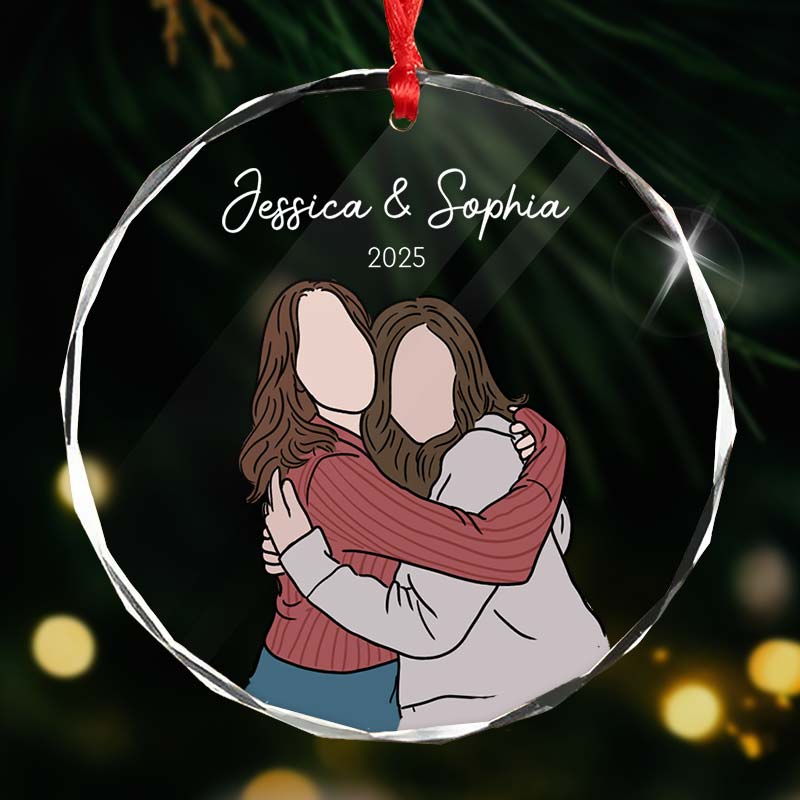 Custom Family Portrait Hand-Drawn Photo Illustration - Gift For Family, Couples, Parents, Grandparents, Kids - Personalized Circle Glass Ornament