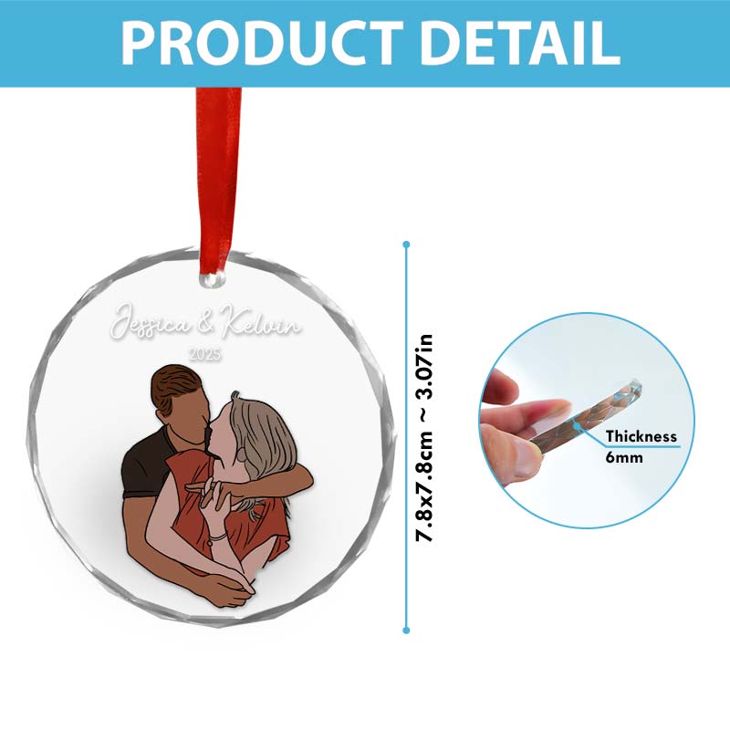 Custom Family Portrait Hand-Drawn Photo Illustration - Gift For Family, Couples, Parents, Grandparents, Kids - Personalized Circle Glass Ornament
