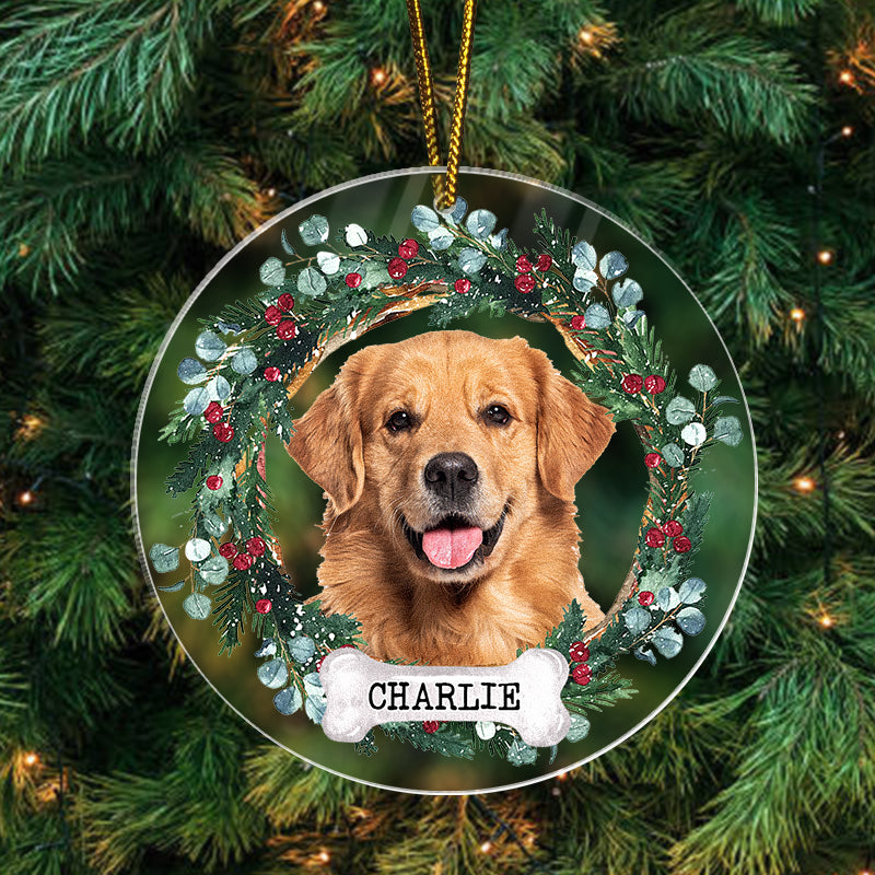 Pet Portrait Floral Wreath - Christmas Decoration, Memorial Gift For Pet Lovers - Personalized Acrylic Ornament