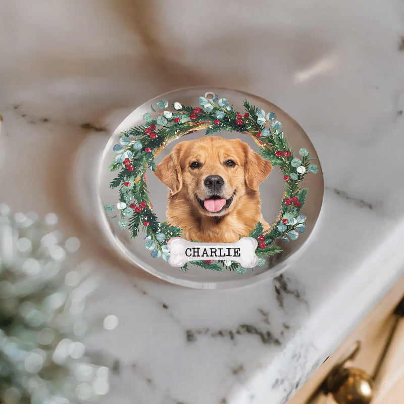 Pet Portrait Floral Wreath - Christmas Decoration, Memorial Gift For Pet Lovers - Personalized Acrylic Ornament
