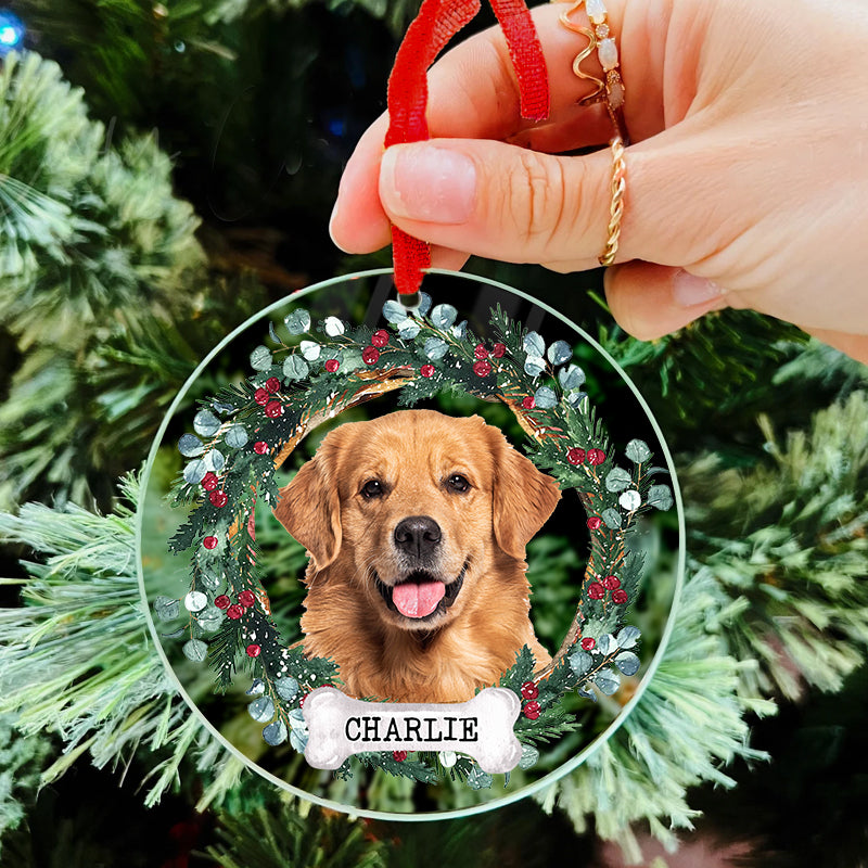 Pet Portrait Floral Wreath - Christmas Decoration, Memorial Gift For Pet Lovers - Personalized Acrylic Ornament