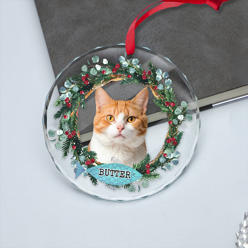 Pet Portrait Floral Wreath - Christmas Decoration, Memorial Gift For Pet Lovers - Personalized Circle Glass Ornament