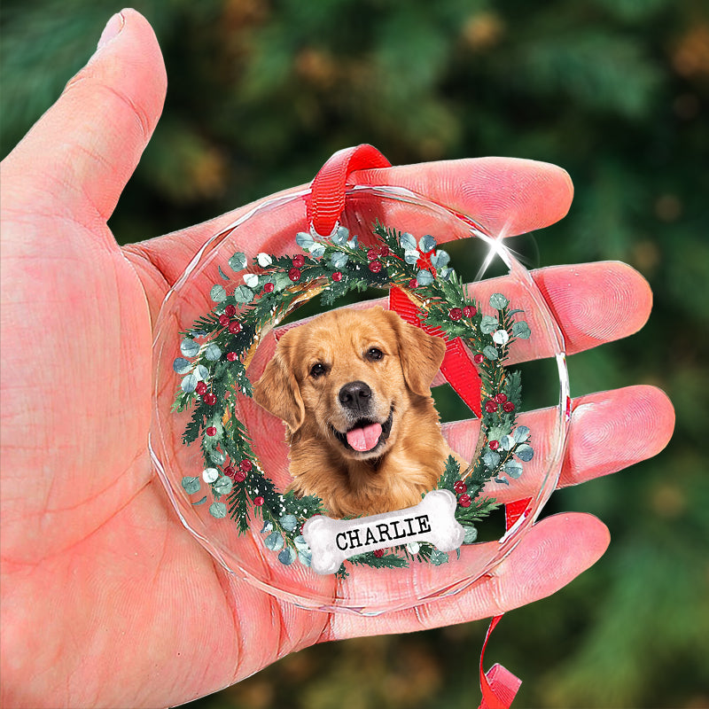 Pet Portrait Floral Wreath - Christmas Decoration, Memorial Gift For Pet Lovers - Personalized Circle Glass Ornament