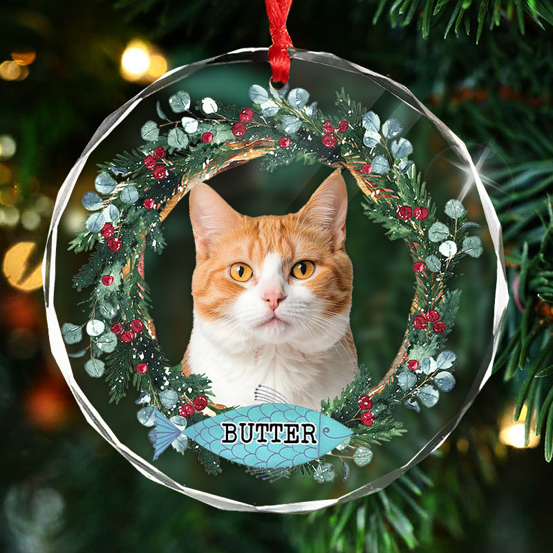 Pet Portrait Floral Wreath - Christmas Decoration, Memorial Gift For Pet Lovers - Personalized Circle Glass Ornament