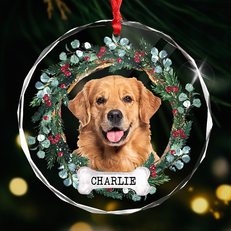 Pet Portrait Floral Wreath - Christmas Decoration, Memorial Gift For Pet Lovers - Personalized Circle Glass Ornament