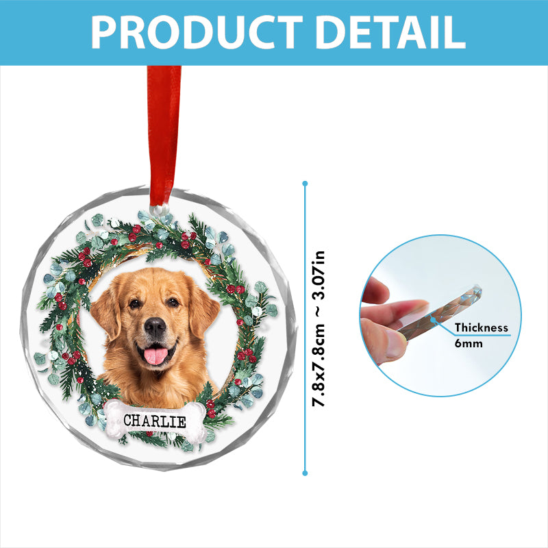 Pet Portrait Floral Wreath - Christmas Decoration, Memorial Gift For Pet Lovers - Personalized Circle Glass Ornament