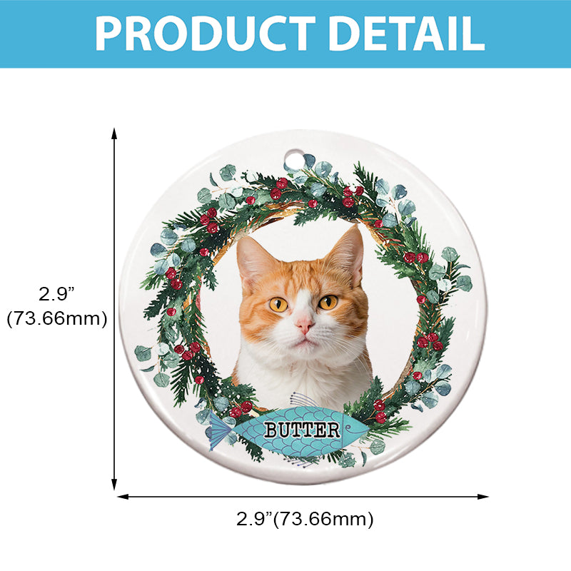 Pet Portrait Floral Wreath - Christmas Decoration, Memorial Gift For Pet Lovers - Personalized Circle Ceramic Ornament