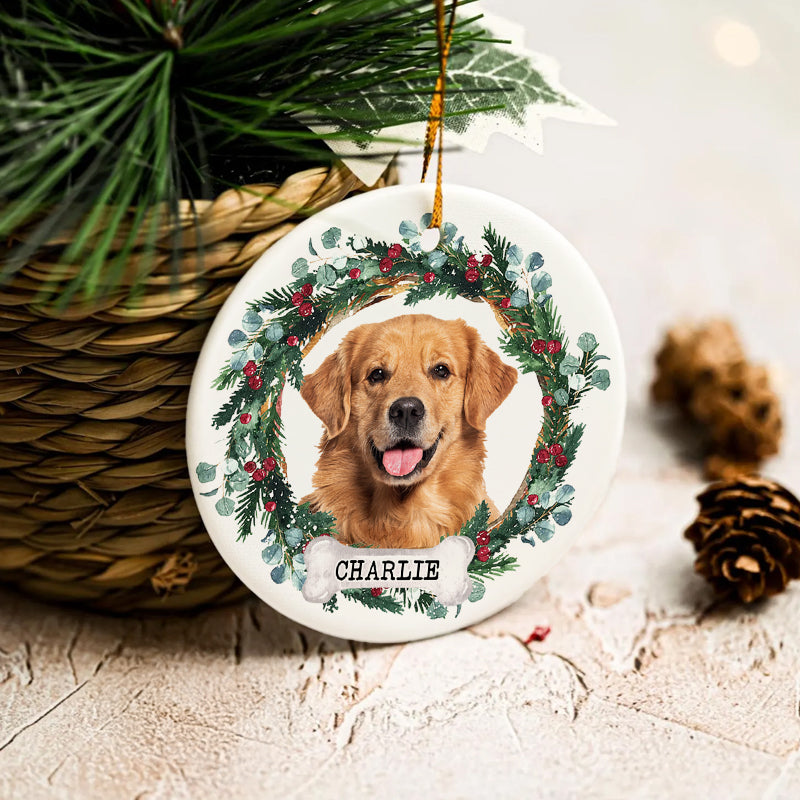 Pet Portrait Floral Wreath - Christmas Decoration, Memorial Gift For Pet Lovers - Personalized Circle Ceramic Ornament