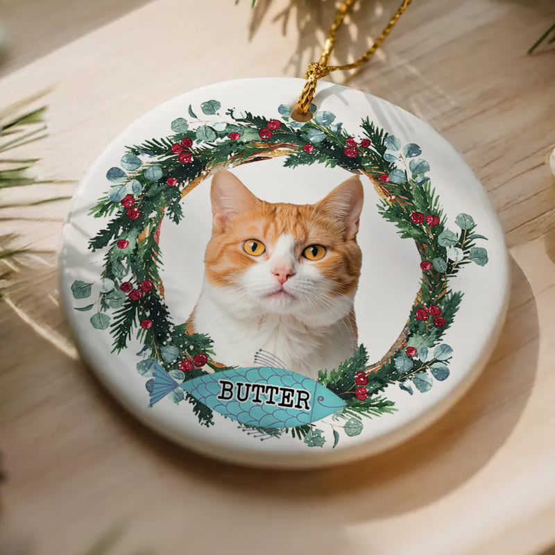 Pet Portrait Floral Wreath - Christmas Decoration, Memorial Gift For Pet Lovers - Personalized Circle Ceramic Ornament