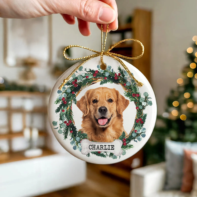 Pet Portrait Floral Wreath - Christmas Decoration, Memorial Gift For Pet Lovers - Personalized Circle Ceramic Ornament