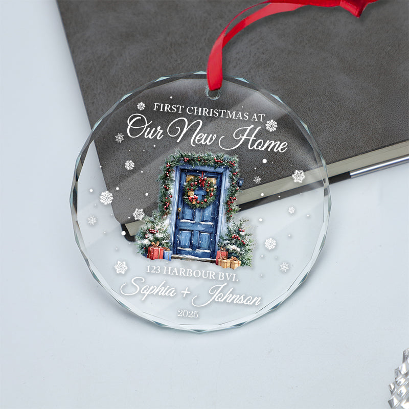 First Christmas At Our New Home - Gift For New Homeowners, Couples, Newlyweds, Families - Personalized Circle Glass Ornament