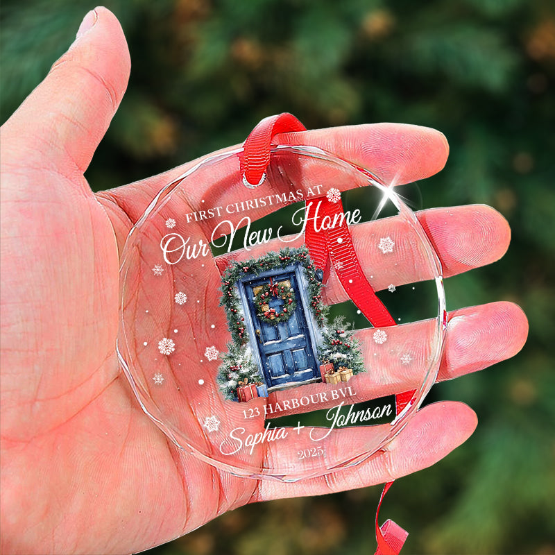 First Christmas At Our New Home - Gift For New Homeowners, Couples, Newlyweds, Families - Personalized Circle Glass Ornament