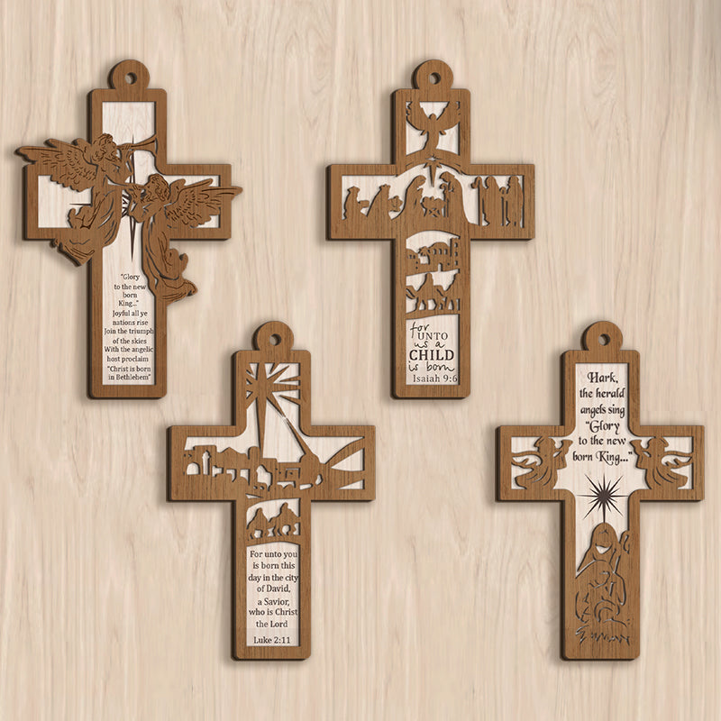 Wooden Cross - Nativity Scene, Bible Verse, Christian Christmas Gift - Personalized 2-Layered Wooden Ornament