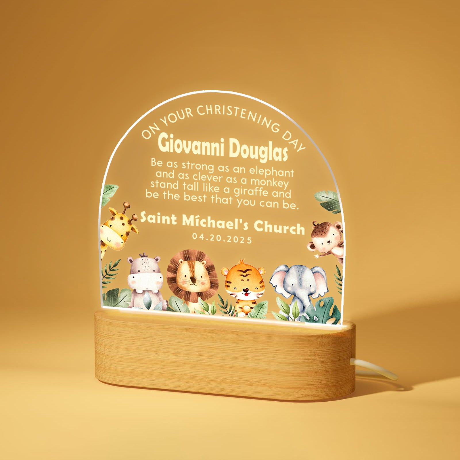 Christening Day - Baby Gift With Cute Jungle Animals - Personalized LED Light
