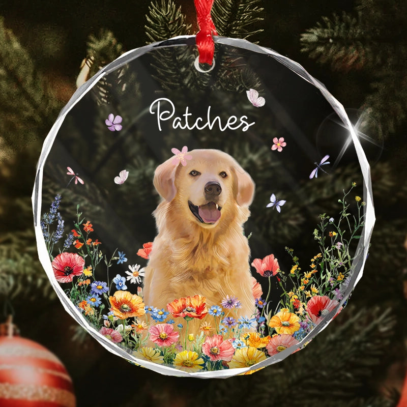 Custom Pet With Flowers - Christmas Gift For Dog, Cat Lovers - Personalized Circle Glass Ornament