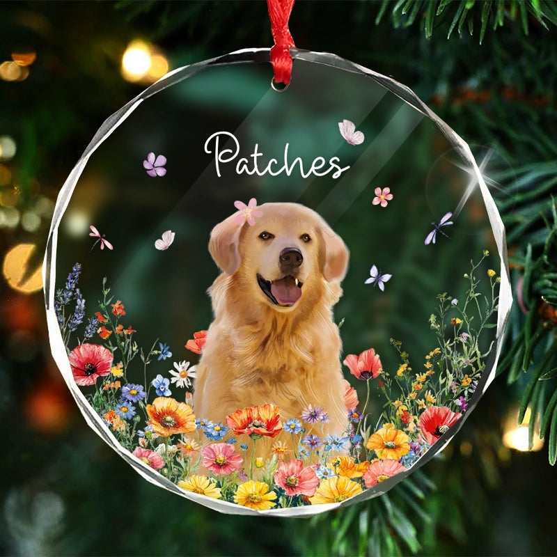 Custom Pet With Flowers - Christmas Gift For Dog, Cat Lovers - Personalized Circle Glass Ornament