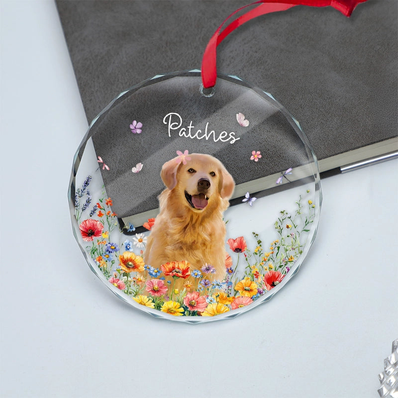 Custom Pet With Flowers - Christmas Gift For Dog, Cat Lovers - Personalized Circle Glass Ornament