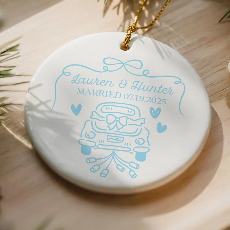 Just Married Car - First Christmas Married, Custom Wedding Gift For Bride Groom - Personalized Circle Ceramic Ornament