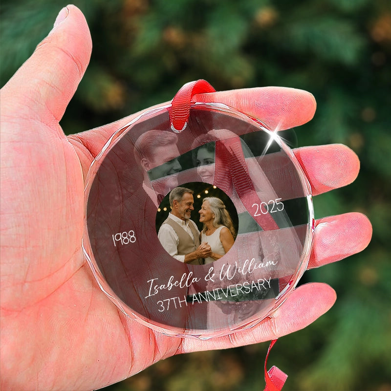 Wedding Anniversary Then & Now Couples Photo - Personalized Circle Glass Photo Ornament