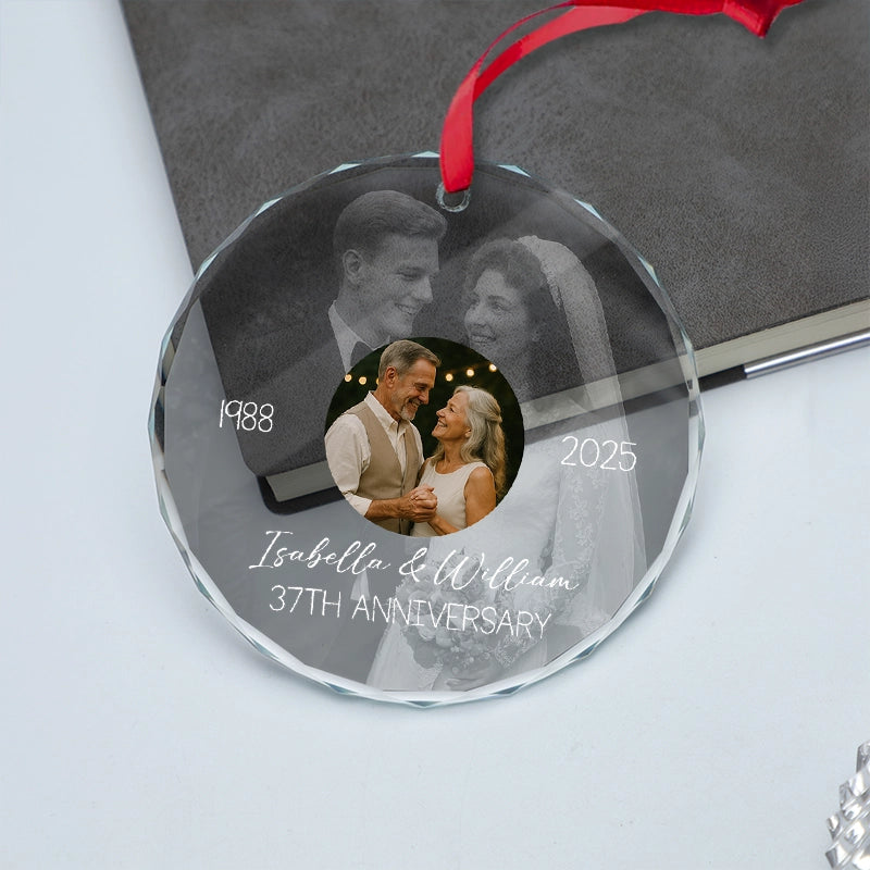Wedding Anniversary Then & Now Couples Photo - Personalized Circle Glass Photo Ornament
