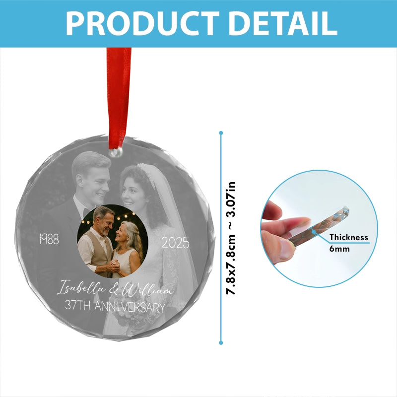 Wedding Anniversary Then & Now Couples Photo - Personalized Circle Glass Photo Ornament