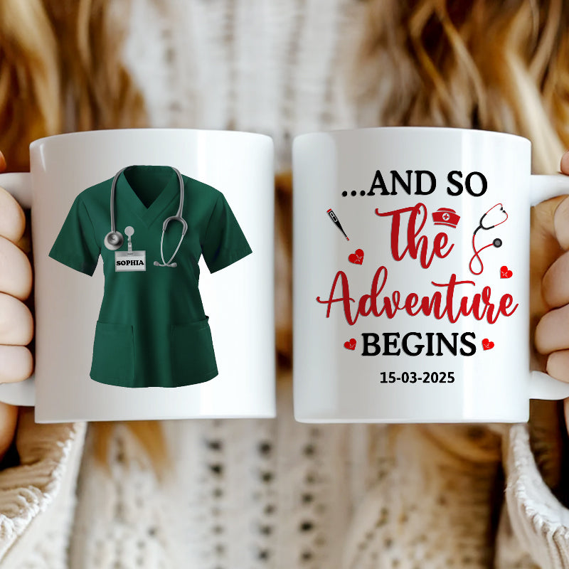 Adventure Begins - Nurse Scrubs, Nurse Uniform, Gift For Nurse - Personalized Mug