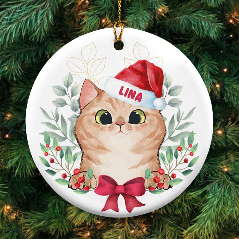Peeking Cat Christmas - Personalized Circle Ceramic Ornament