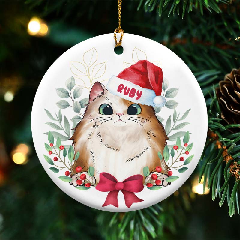 Peeking Cat Christmas - Personalized Circle Ceramic Ornament