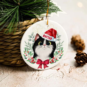 Peeking Cat Christmas - Personalized Circle Ceramic Ornament