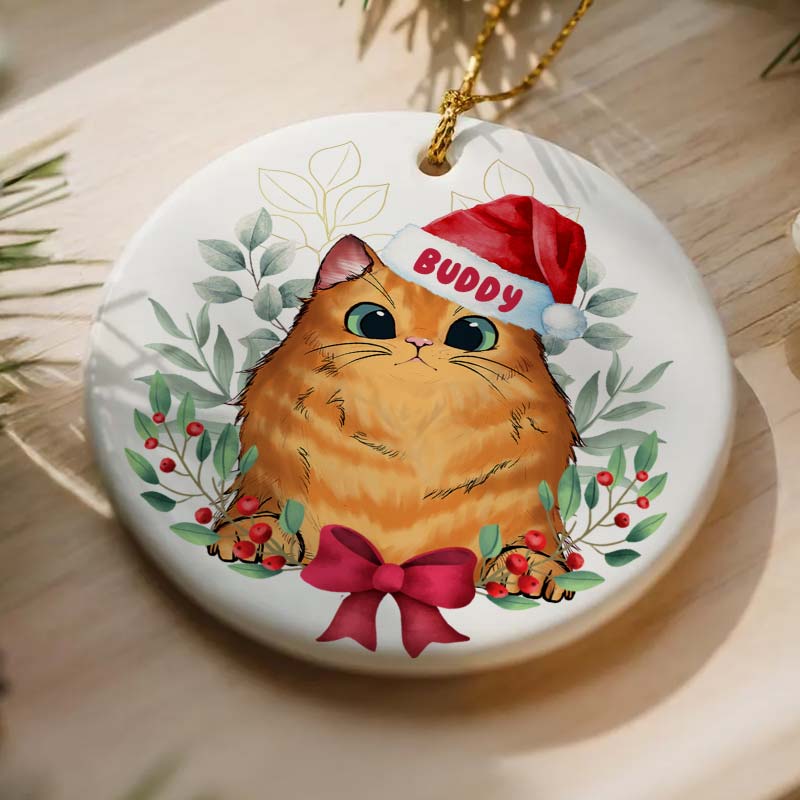 Peeking Cat Christmas - Personalized Circle Ceramic Ornament