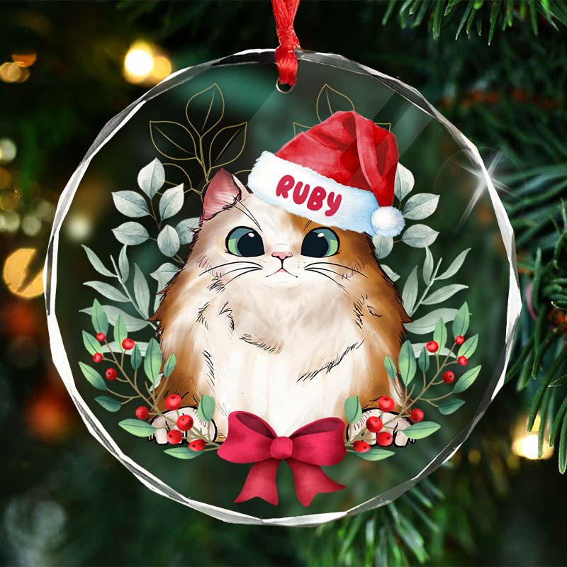 Peeking Cat Christmas - Personalized Circle Glass Ornament