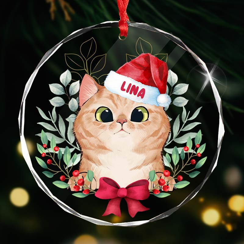 Peeking Cat Christmas - Personalized Circle Glass Ornament