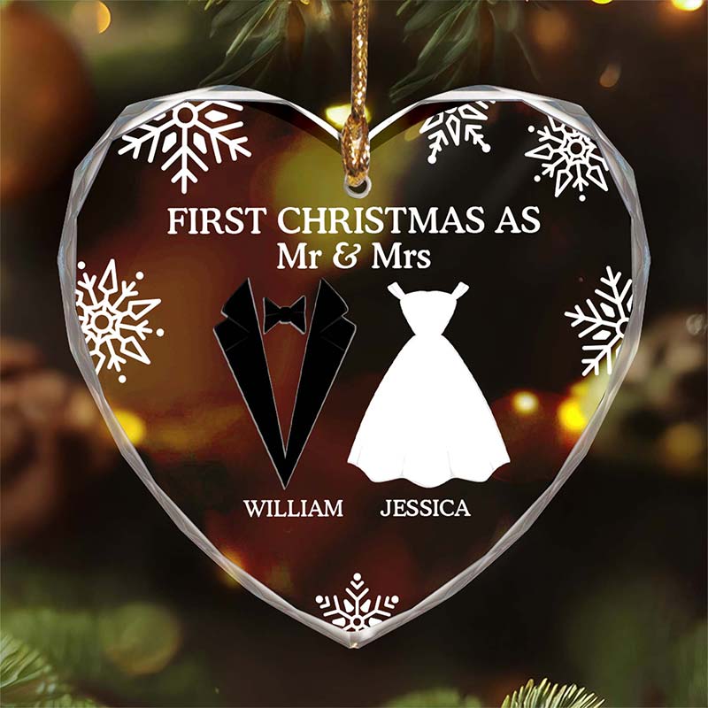 First Christmas As Married Couples - Personalized Heart Glass Ornament