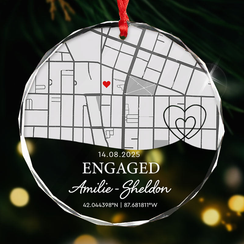 Engagement Custom Location Map - Personalized Circle Glass Ornament