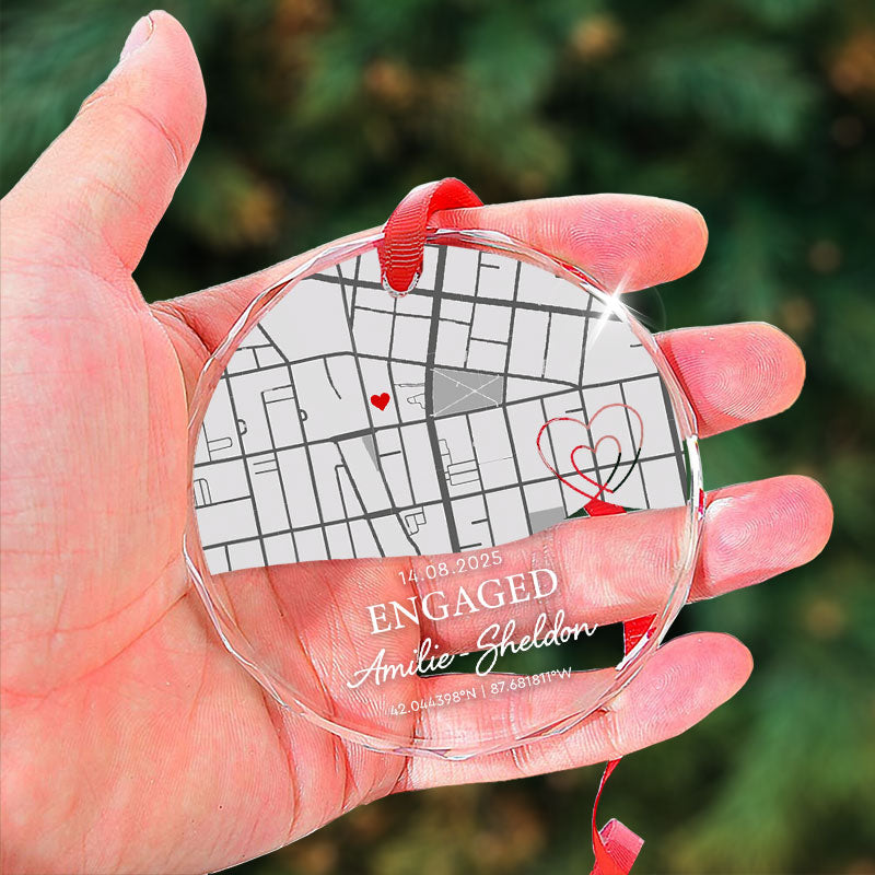 Engagement Custom Location Map - Personalized Circle Glass Ornament