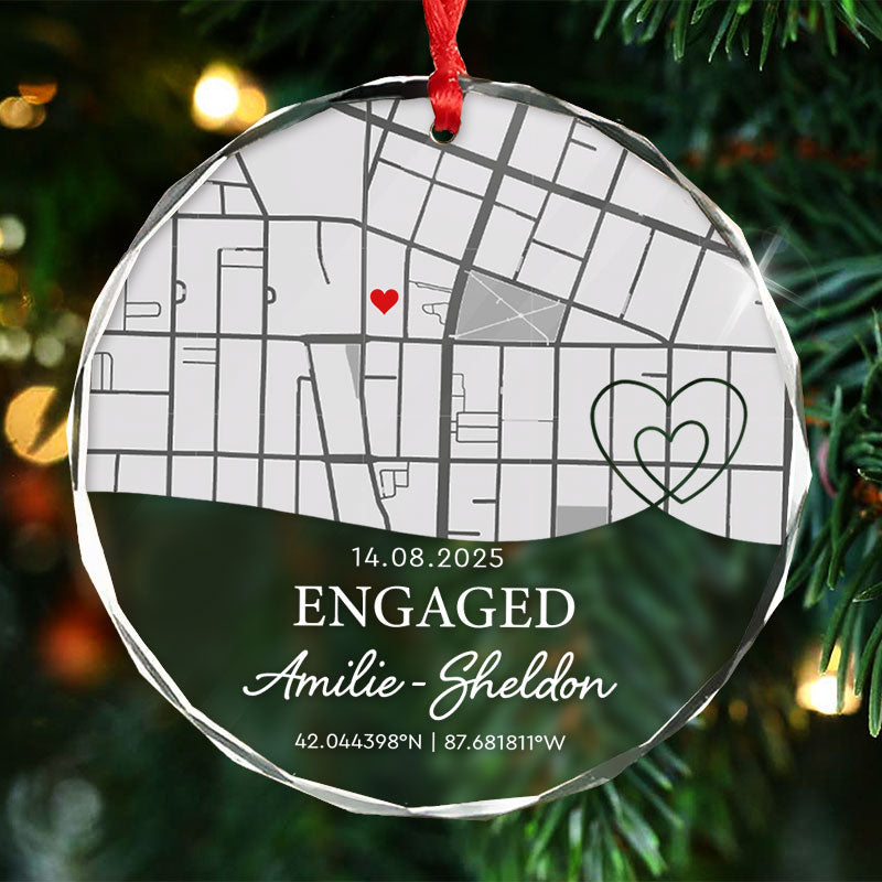 Engagement Custom Location Map - Personalized Circle Glass Ornament